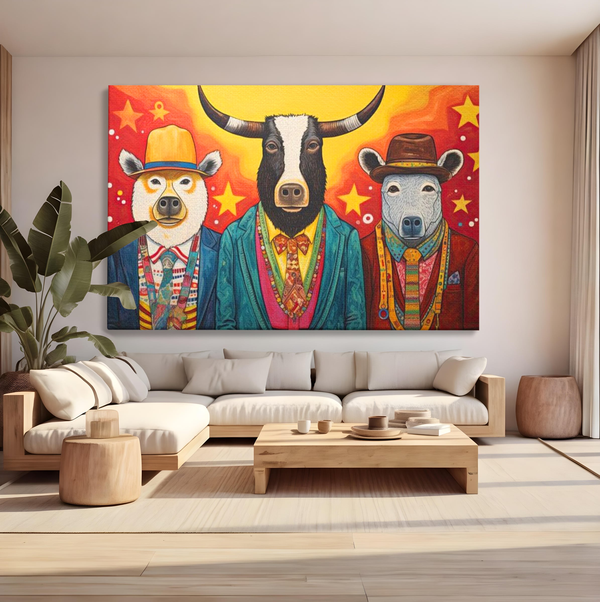 Tablou canvas cu tablou canvas cu trei animale antropomorfe stilizate, fara rama, pe sasiu de lemn, pe perete intr-un living